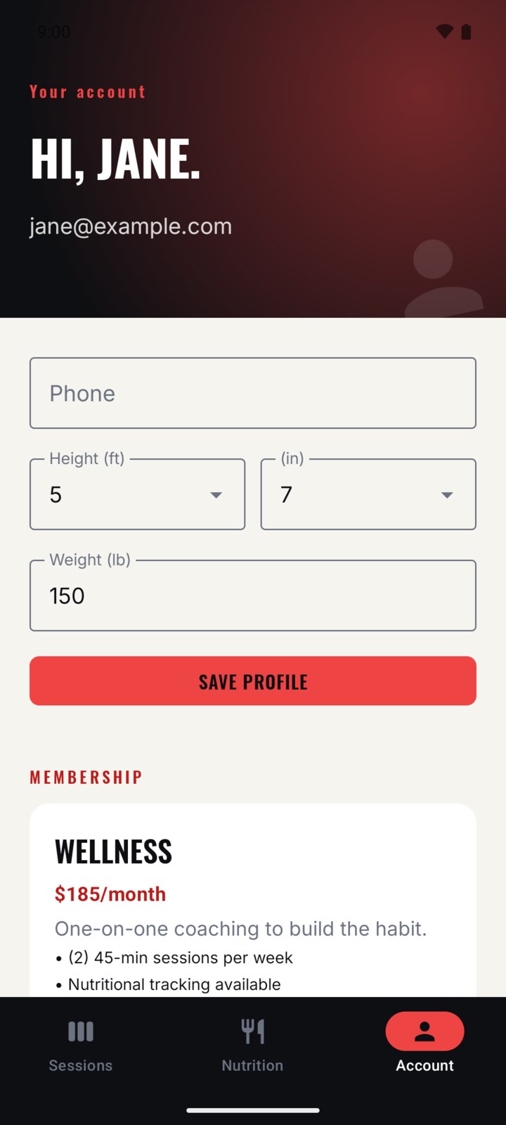 MFTC account tab with profile fields and the current membership plan.