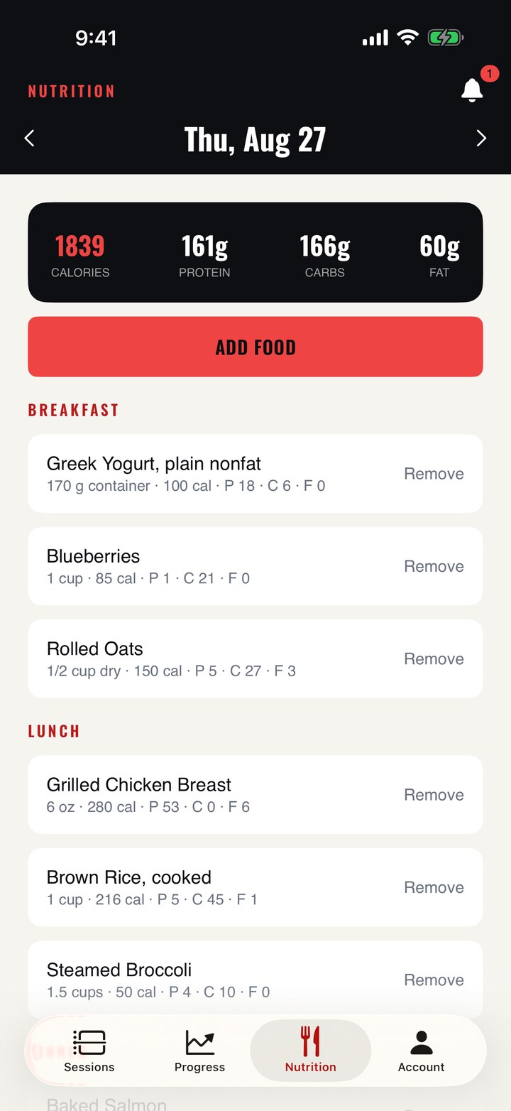 A day of meals logged in the MFTC app, with running calorie and macro totals.